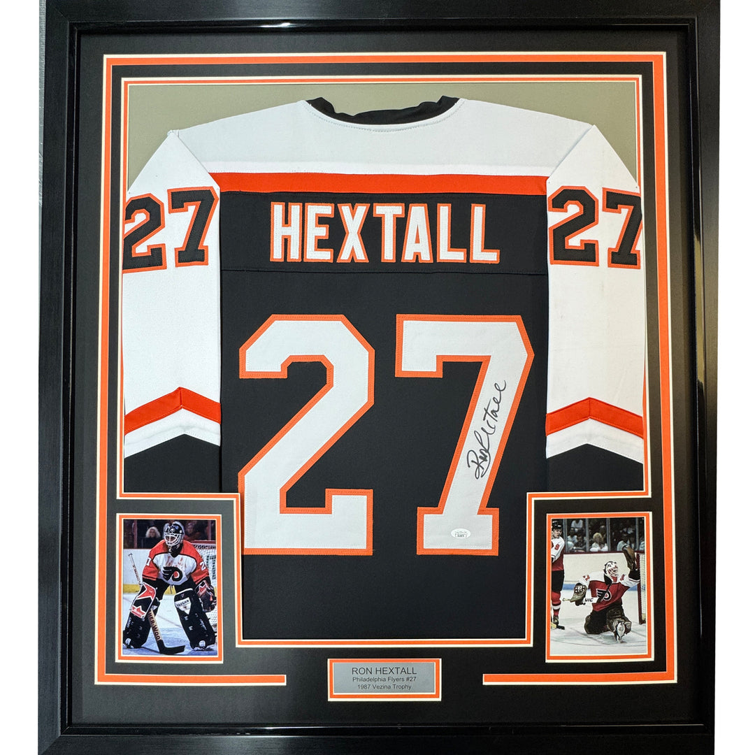 FRAMED Autographed/Signed RON HEXTALL 33x42 Philadelphia Black Jersey JSA COA