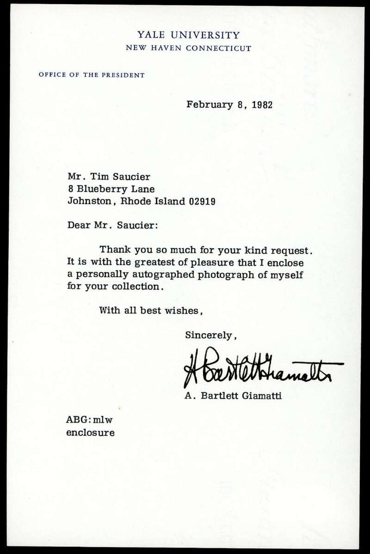 A Bartlett Giamatti Beckett BAS Signed 1982 Personal Letter Autograph