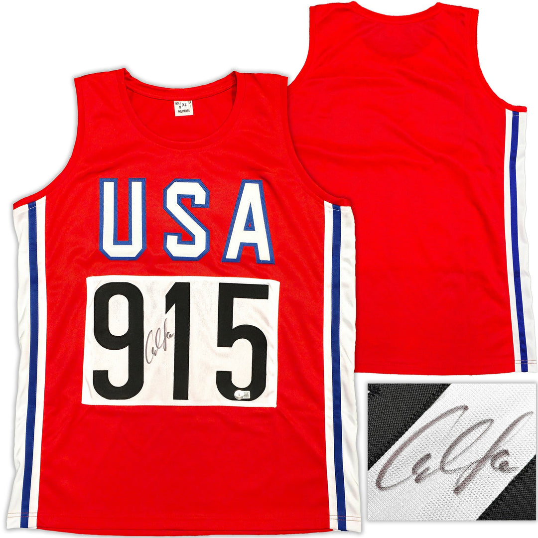 Team USA Carl Lewis Signed Red, White and Blue Jersey Beckett Witness