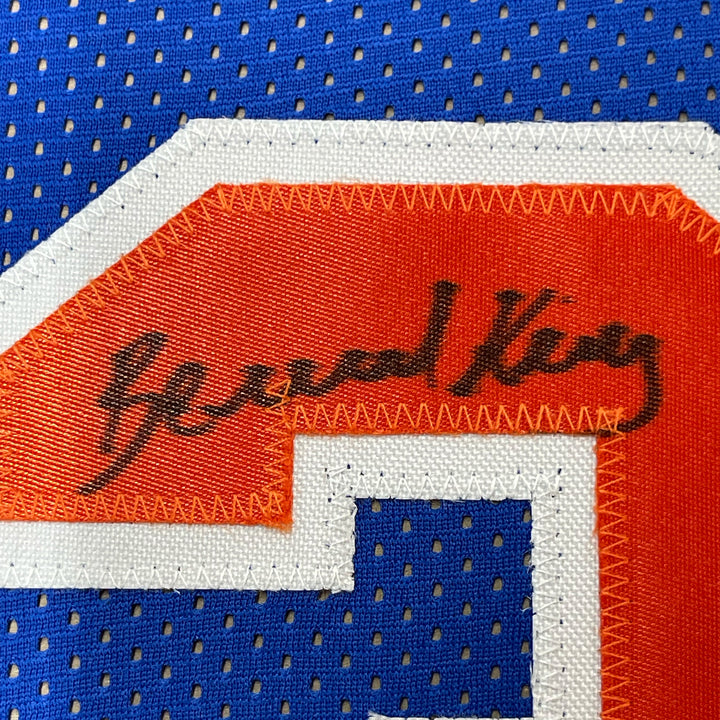 FRAMED Autographed/Signed BERNARD KING 33x42 New York Blue Jersey Beckett COA