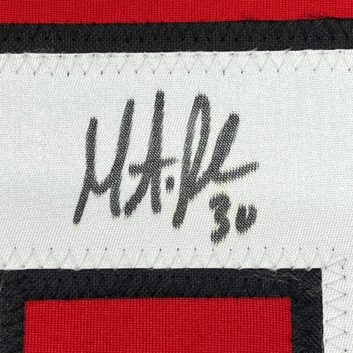 FRAMED Autographed/Signed MARTIN BRODEUR 33x42 New Jersey Red Jersey JSA COA