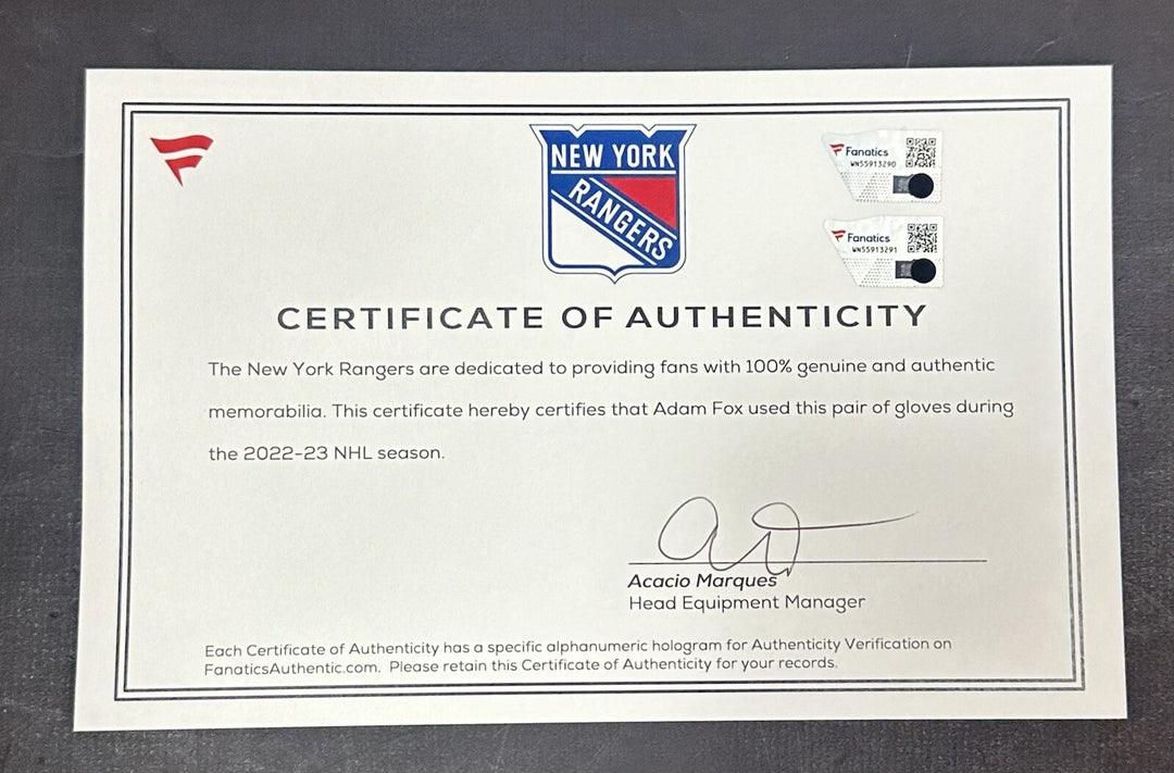 Adam Fox New York Rangers 2022 Game Used Bauer Nexus Gloves Pair Fanatics COA