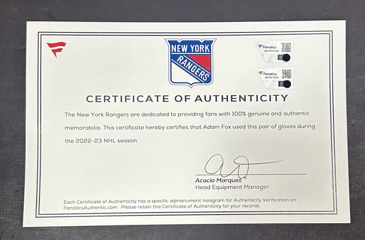 Adam Fox New York Rangers 2022 Game Used Bauer Nexus Gloves Pair Fanatics COA
