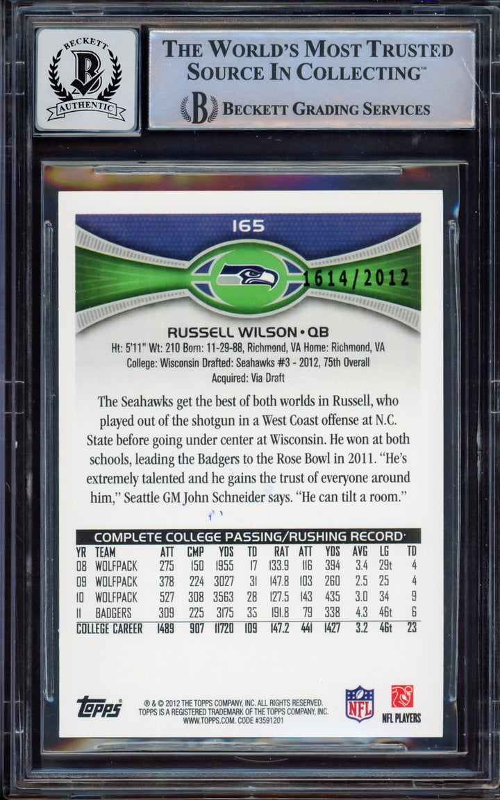 Russell Wilson Auto 2012 Topps Gold RC 165 Seahawks Auto GM 10 Beckett #15531240