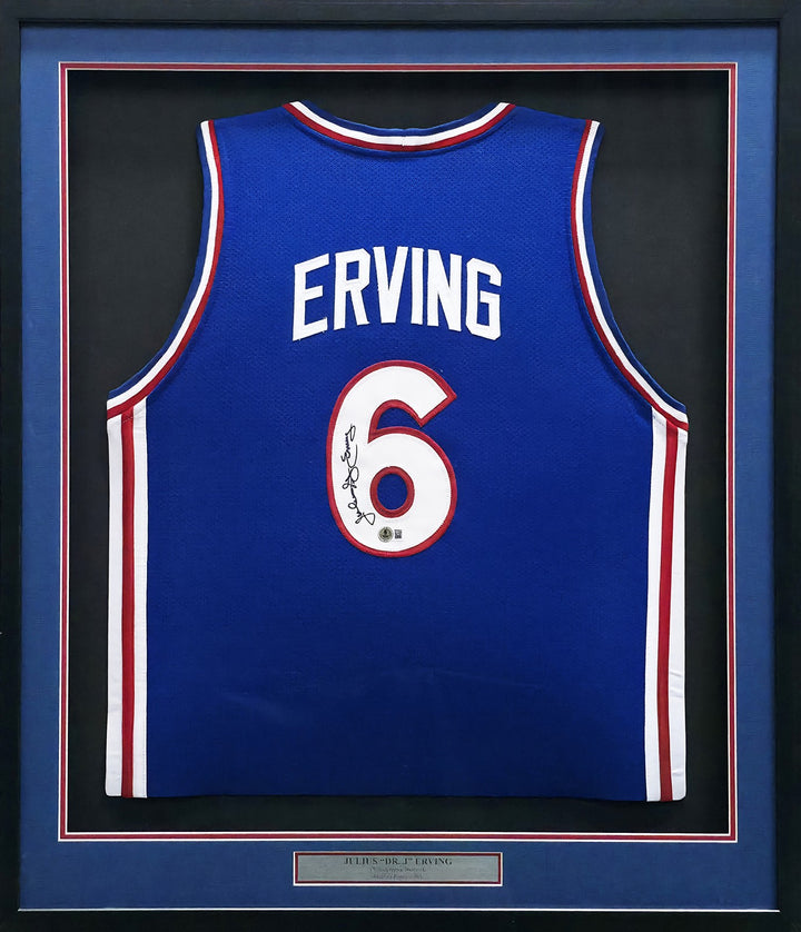 Philadelphia 76ers Julius Dr. J Erving Signed Framed Blue Jersey Beckett