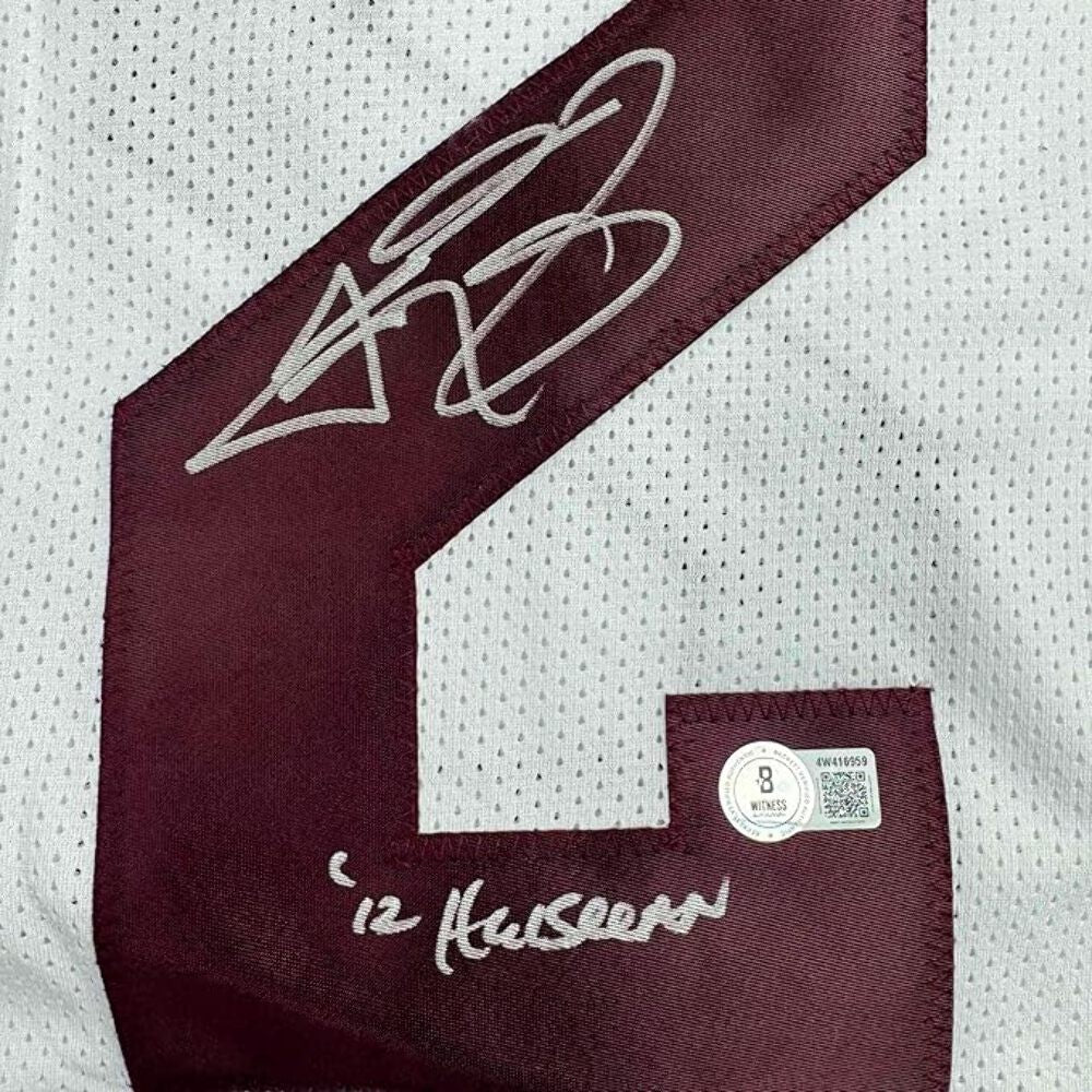 Framed Autographed/Signed Johnny Manziel 12 HT 35x39 A&M White Jersey JSA COA