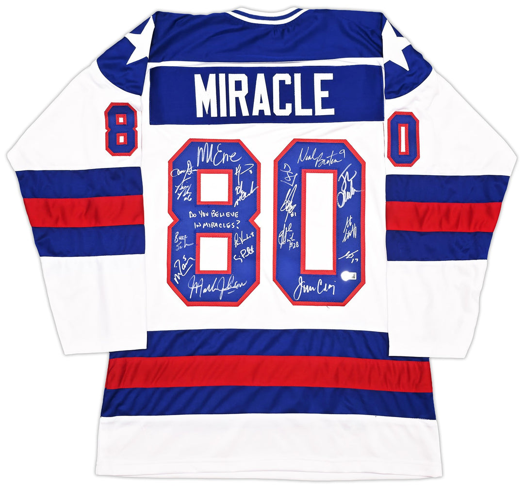 1980 Team USA Miracle on Ice Auto White Jersey Miracles? 18 Sig Eruzione Beckett