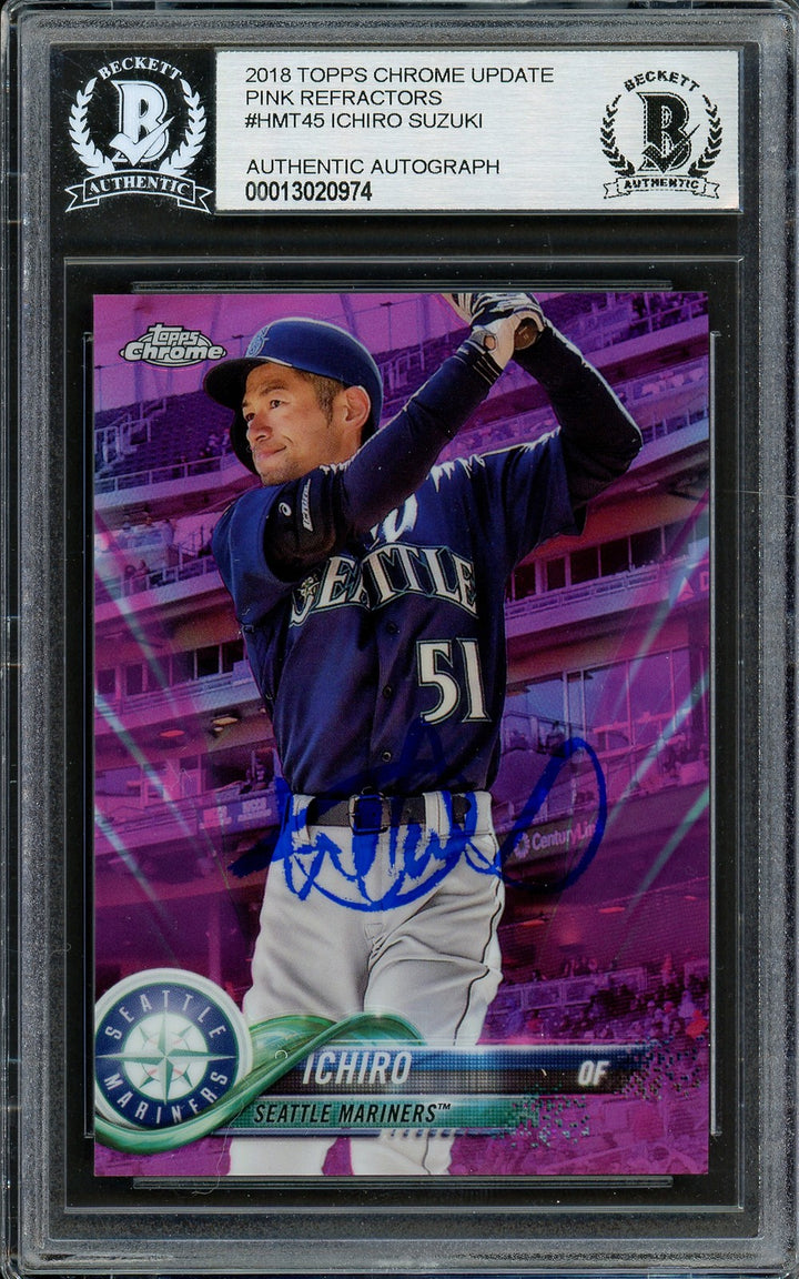 Ichiro Suzuki Auto 2018 Topps Chrome Pink Refractor Card HMT45 Mariners Beckett