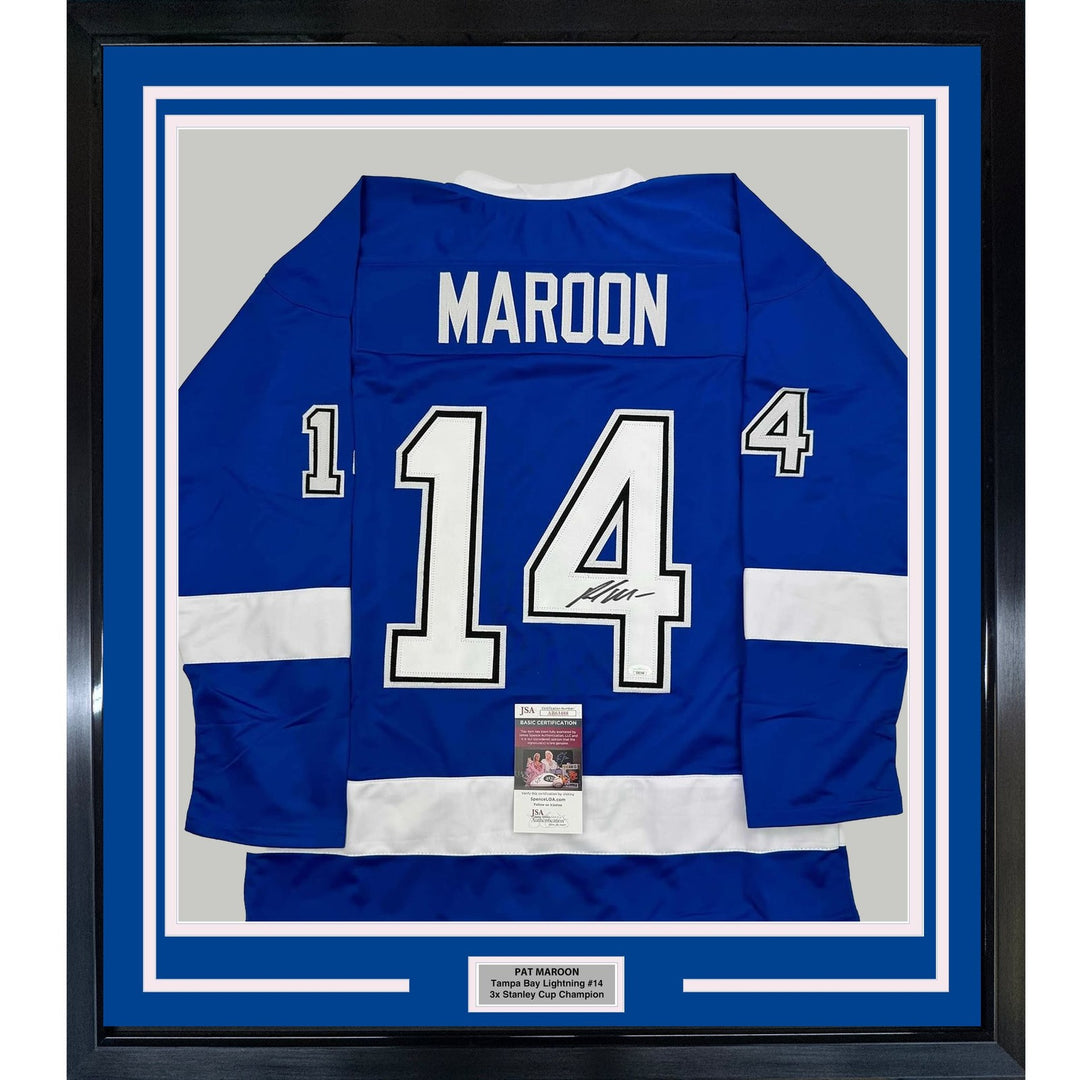 Framed Autographed/Signed Pat Maroon 35x39 Tampa Bay Blue Jersey JSA COA