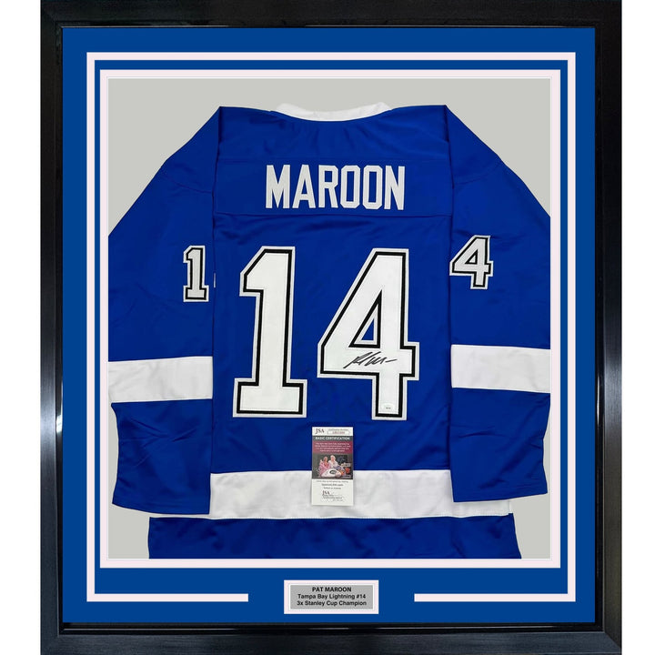 Framed Autographed/Signed Pat Maroon 35x39 Tampa Bay Blue Jersey JSA COA