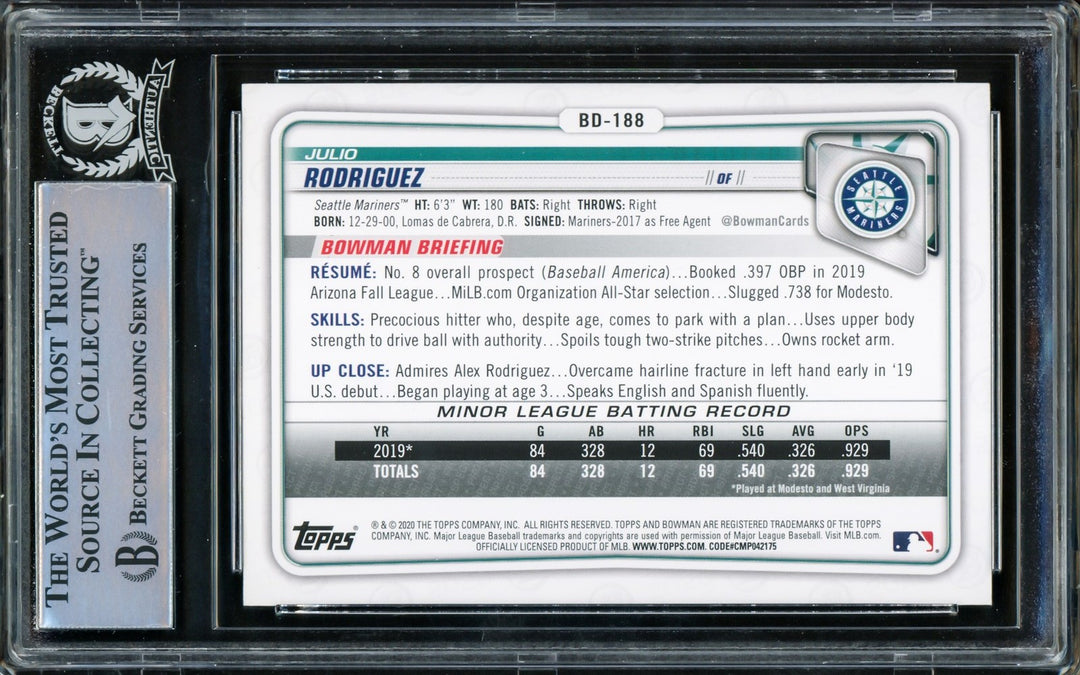 Julio Rodriguez Signed 2020 Bowman Draft RC #BD188 Seattle Mariners Beckett