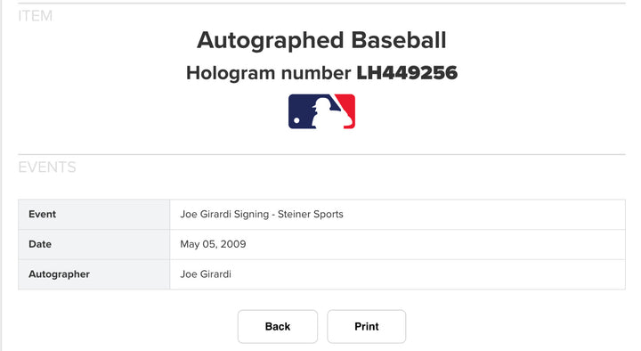 Joe Girardi Signed 2009 Inaugural Logo Baseball Auto MLB Holo Steiner COA WS