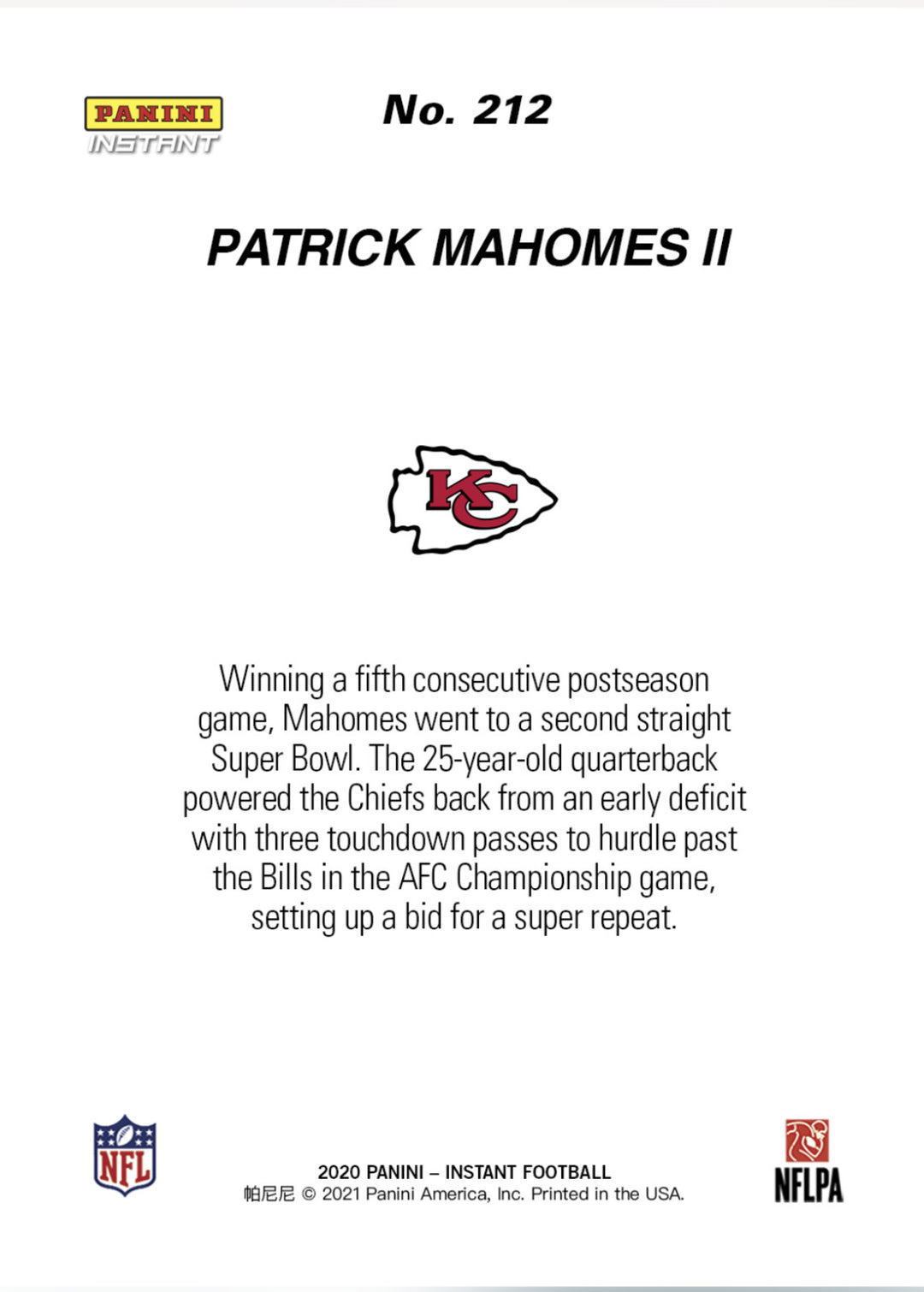 PATRICK MAHOMES SENDS CHAMPIONS BACK TO SUPER BOWL LV PANINI INSTANT CARD #212
