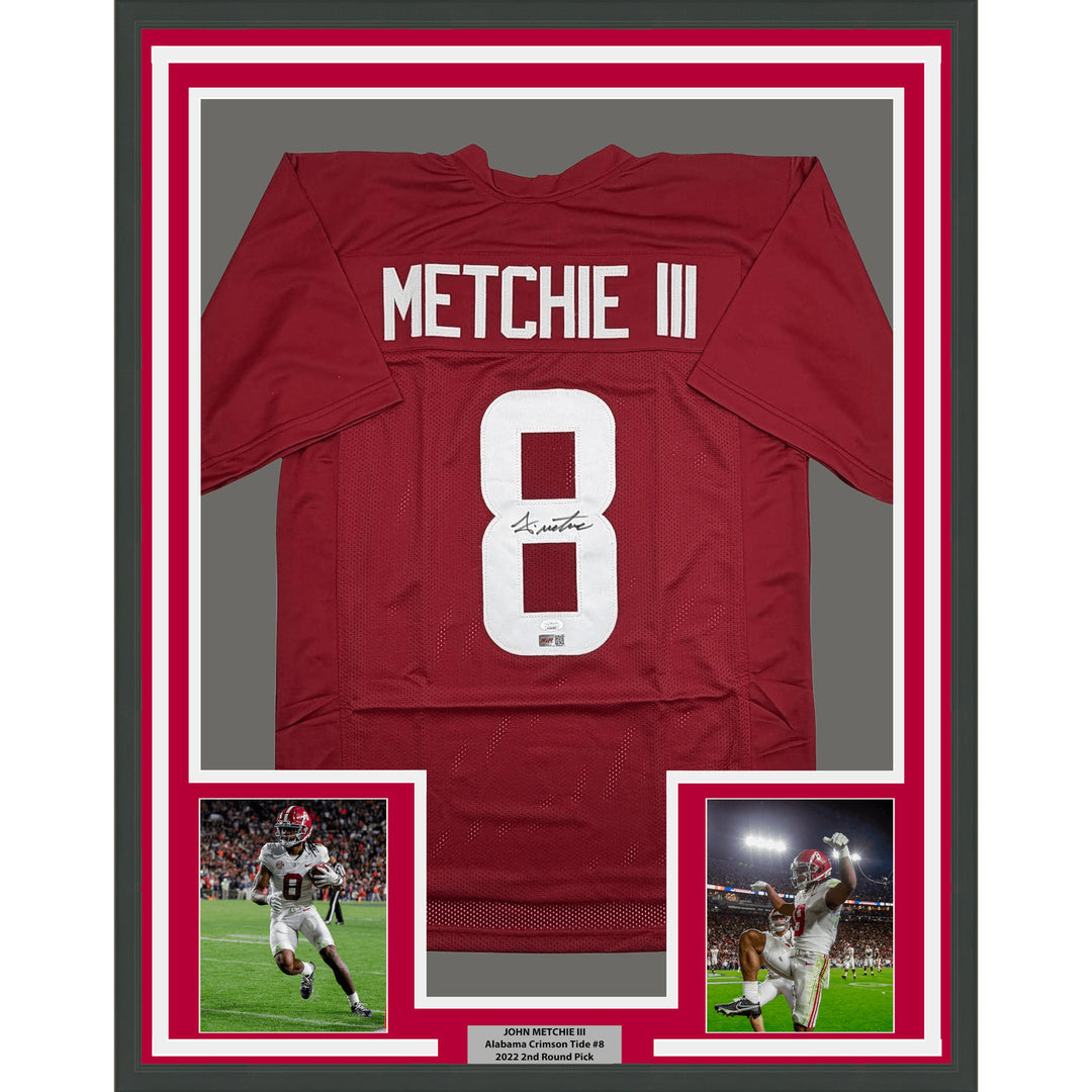 Framed Autographed John Metchie III 35x39 Alabama Red College Jersey JSA COA