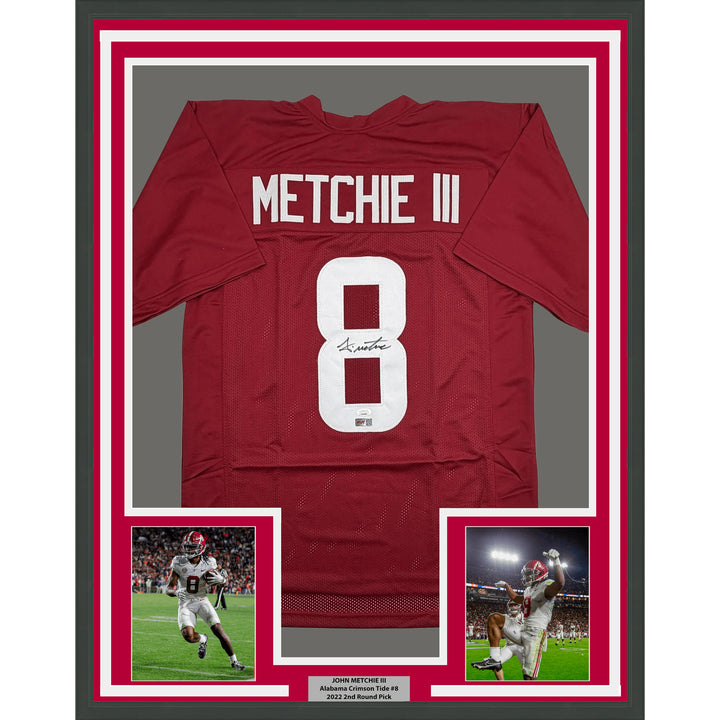 Framed Autographed John Metchie III 35x39 Alabama Red College Jersey JSA COA