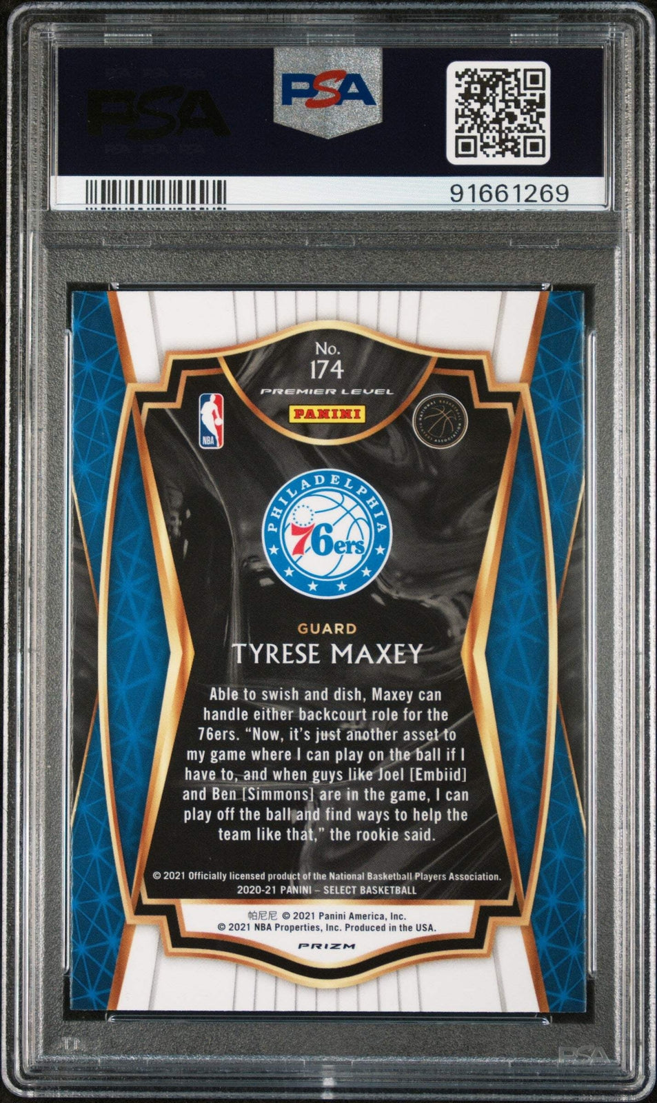 Graded 2020 Select Tyrese Maxey #174 Red/White/Green Ice Basketball Card PSA 10