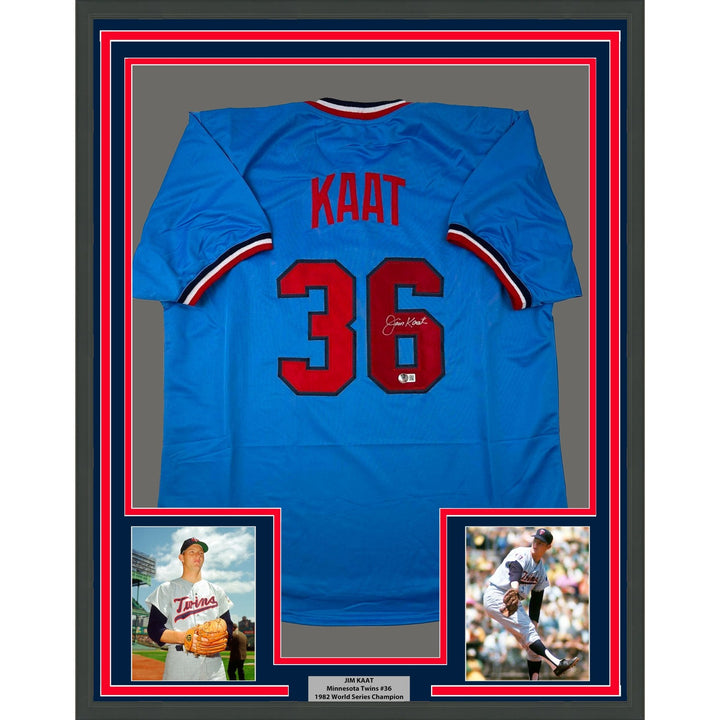 Framed Autographed/Signed Jim Kaat 33x42 Minnesota Light Blue Jersey COA