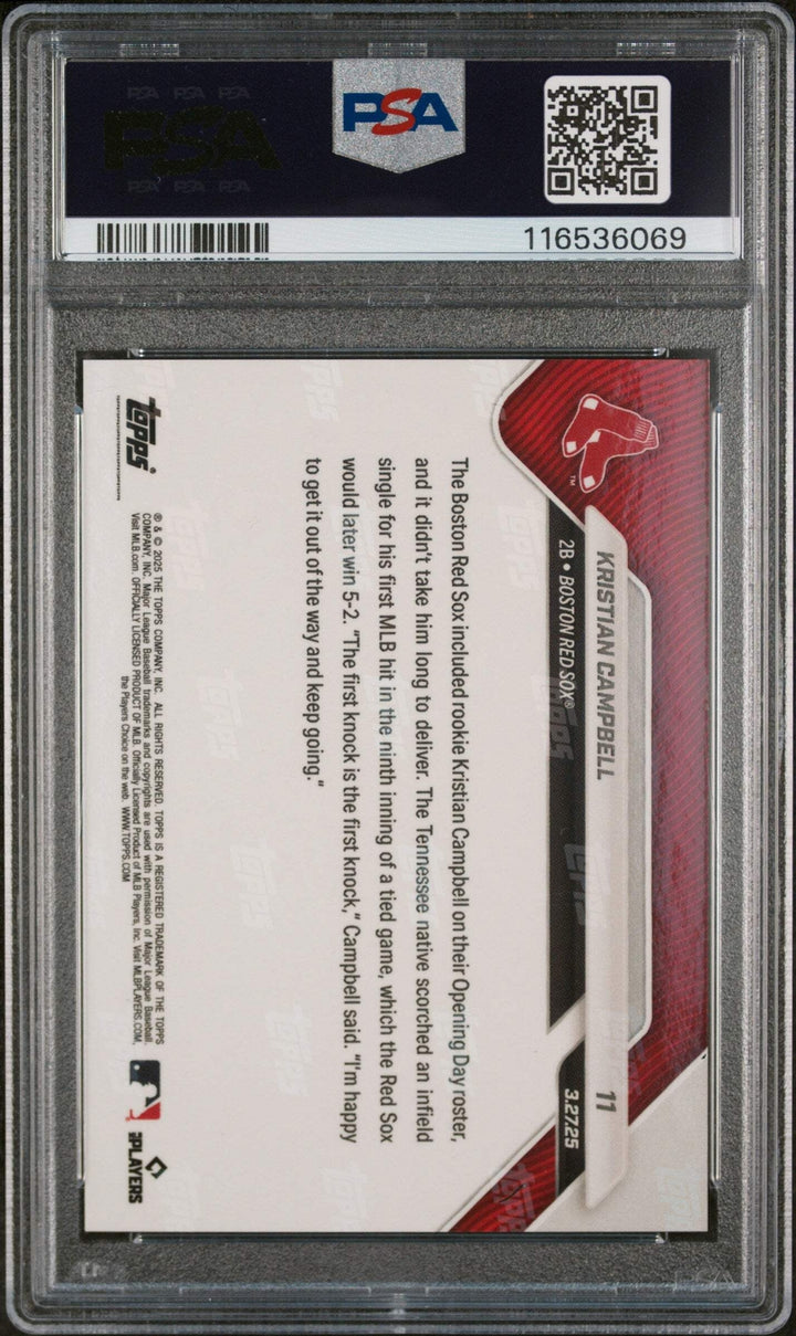 Graded 2025 Topps Now Kristian Campbell #11 Black /10 RC Baseball Card PSA 10