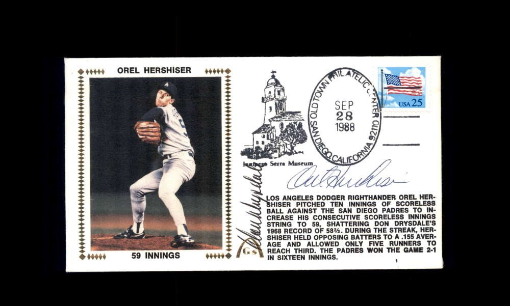 Don Drysdale Orel Hershiser PSA DNA Signed 1988  Cache FDC 59 Innings