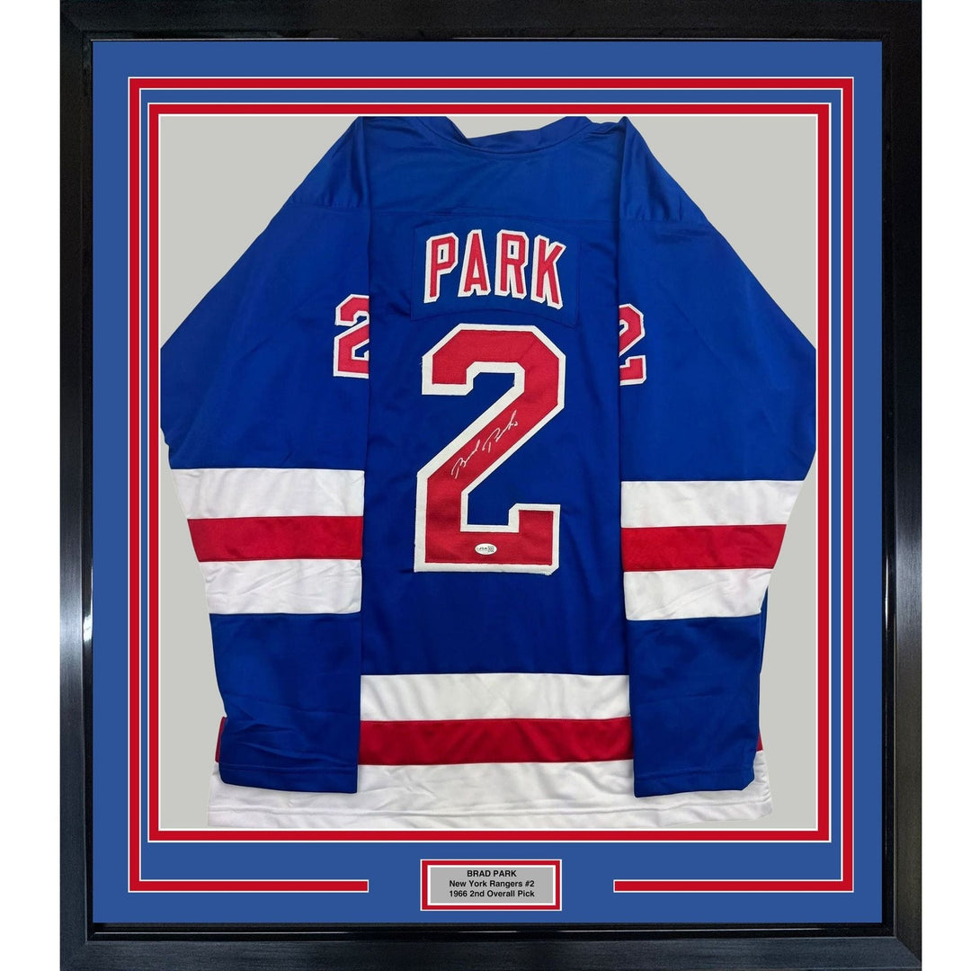 Framed Autographed/Signed Brad Park 35x39 New York Blue Jersey JSA COA
