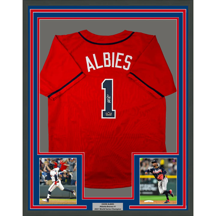 Framed Facsimile Autographed Ozzie Albies 33x42 Red Reprint Laser Auto Jersey