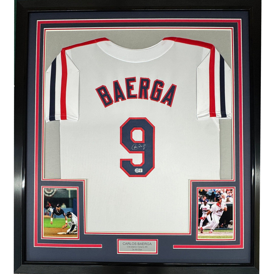 Framed Autographed/Signed Carlos Baerga 35x39 Cleveland White Jersey COA