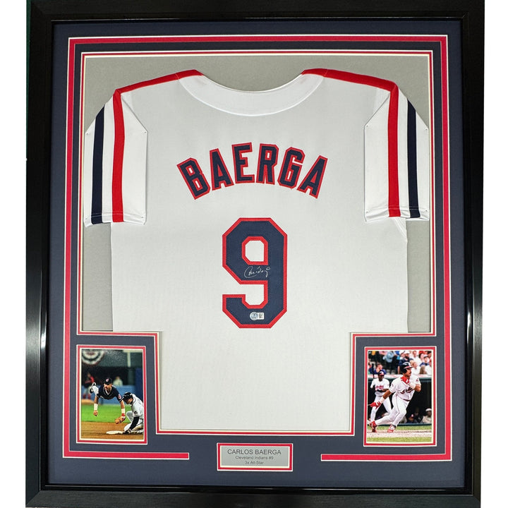 Framed Autographed/Signed Carlos Baerga 35x39 Cleveland White Jersey COA