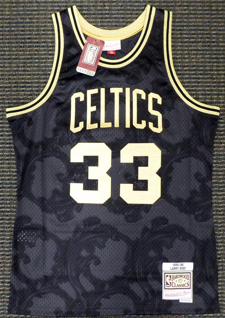 Celtics Larry Bird Auto Black Mitchell Ness Gold Toile Swingman Jersey M Beckett