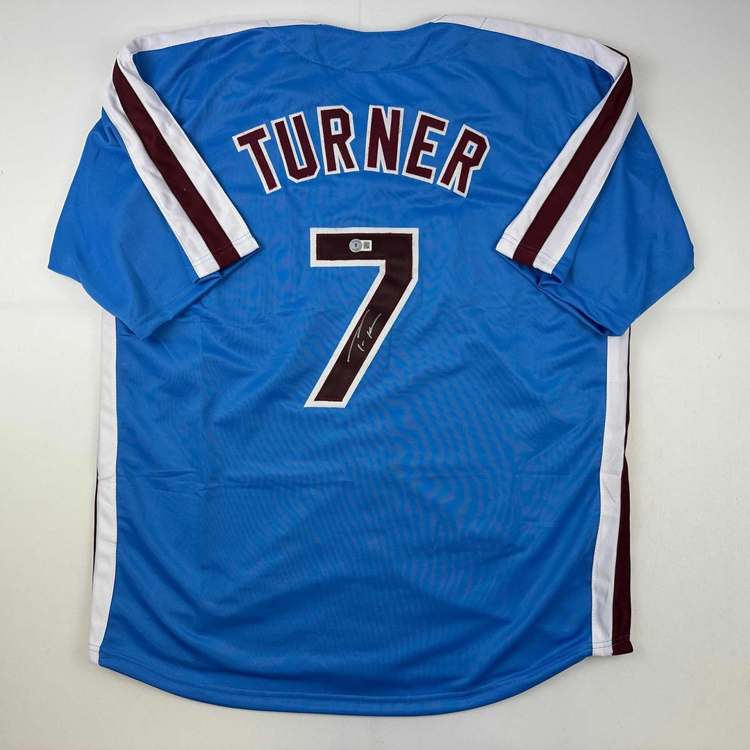 Autographed/Signed Trea Turner Philadelphia Blue Retro Jersey Beckett COA