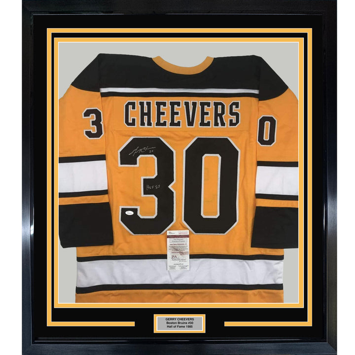 FRAMED Autographed/Signed GERRY CHEEVERS HOF 33x42 Boston Yellow Jersey JSA COA