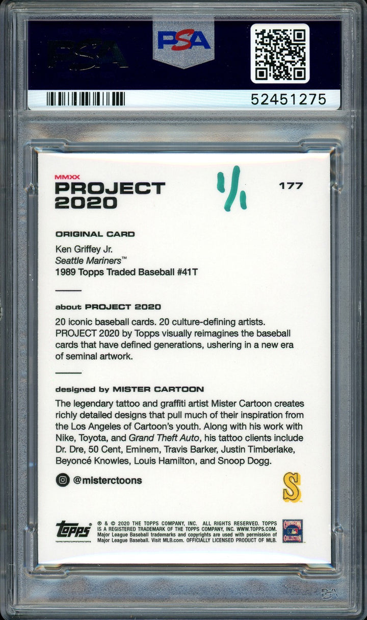 Ken Griffey Jr. Auto Topps Project 2020 Mister Cartoon Card 177 1989 1/1 PSA/DNA