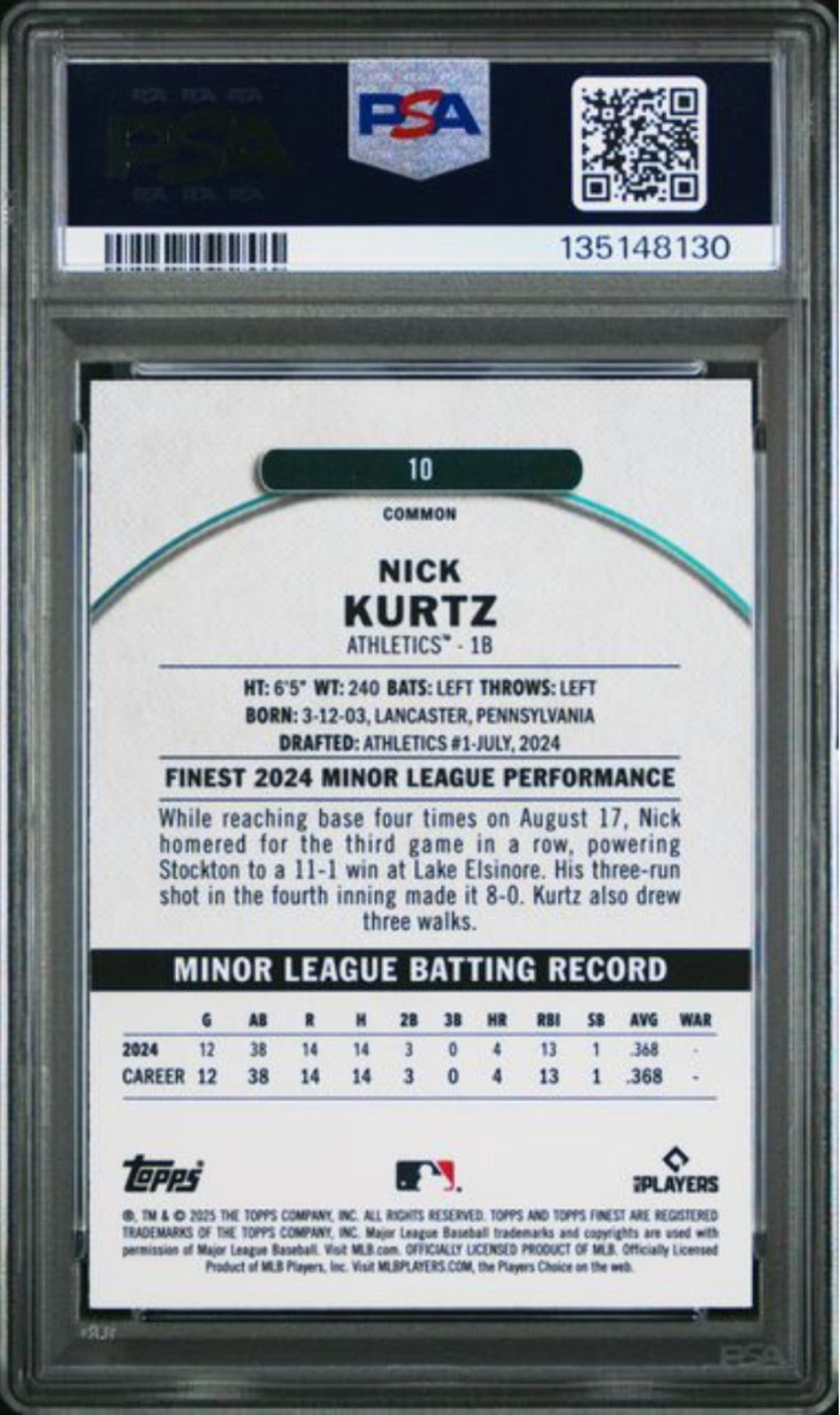 Graded 2025 Topps Finest Nick Kurtz #10 Rookie RC Baseball Card PSA 10 Gem Mint