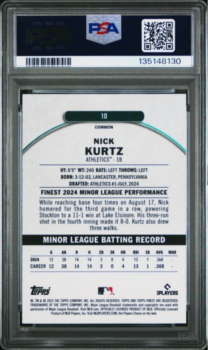 Graded 2025 Topps Finest Nick Kurtz #10 Rookie RC Baseball Card PSA 10 Gem Mint