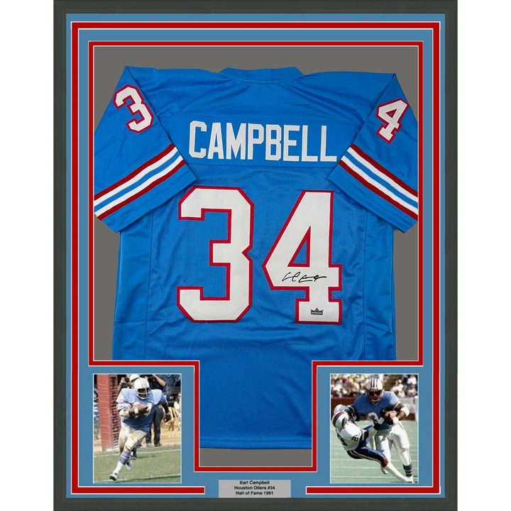Framed Facsimile Autographed Earl Campbell 33x42 Blue Reprint Laser Auto Jersey