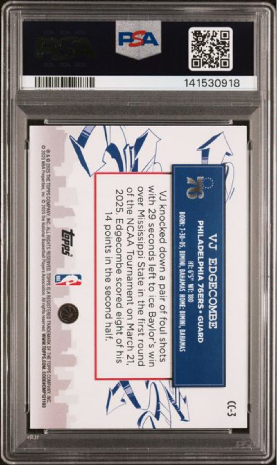 Graded 2025 Topps VJ Edgecombe #CC3 Clutch City Prospects Rookie RC Card PSA 10