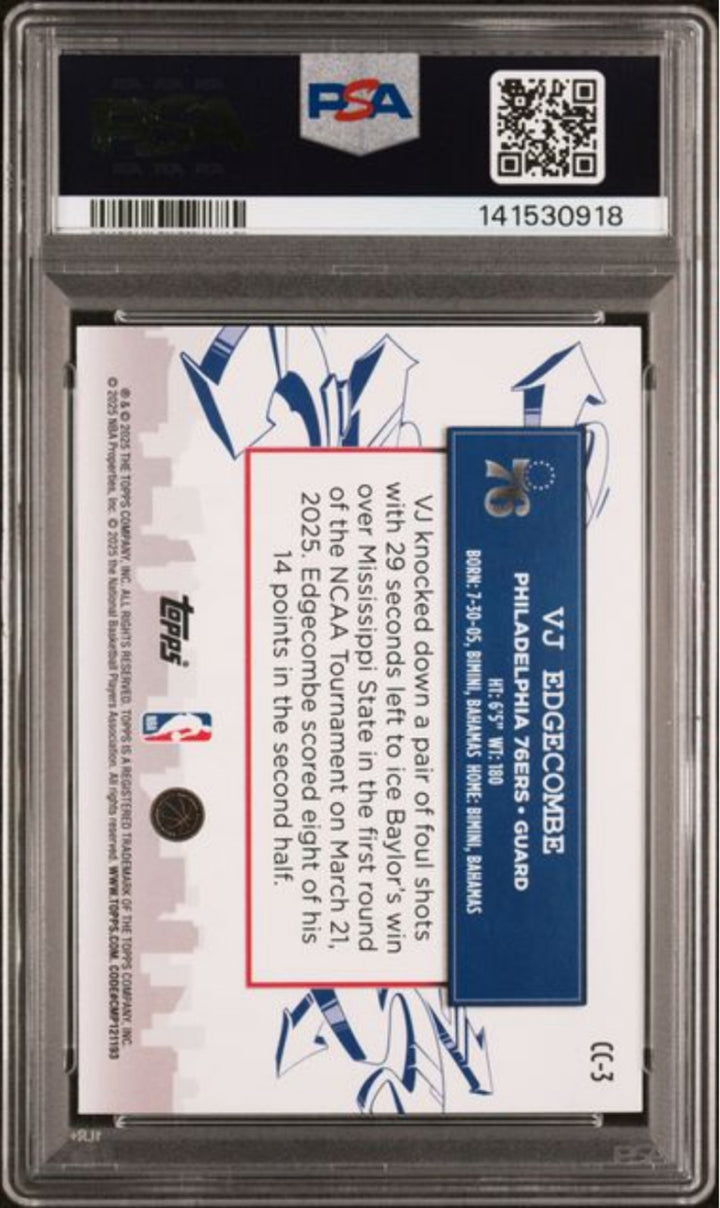 Graded 2025 Topps VJ Edgecombe #CC3 Clutch City Prospects Rookie RC Card PSA 10