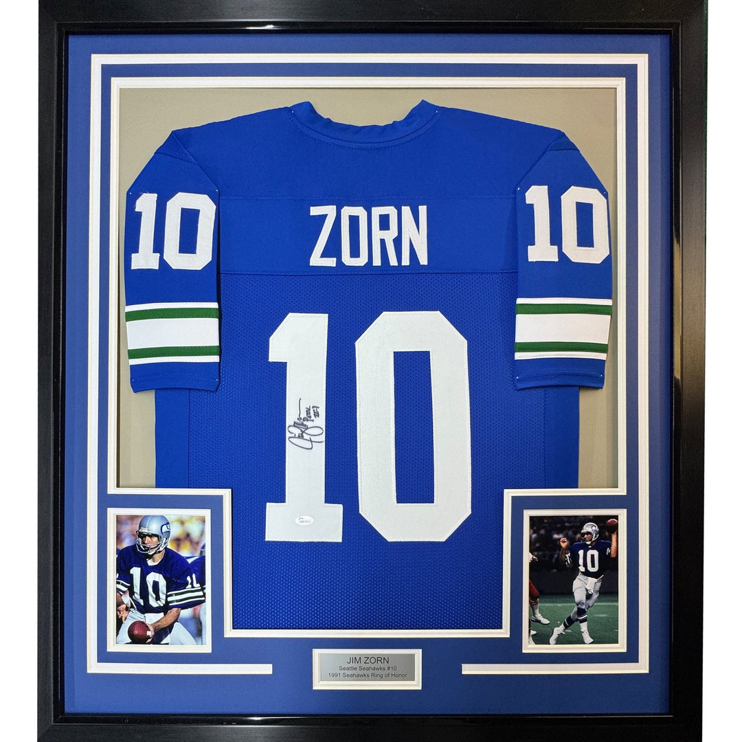 Framed Autographed/Signed Jim Zorn 35x39 Seattle Blue Jersey JSA COA