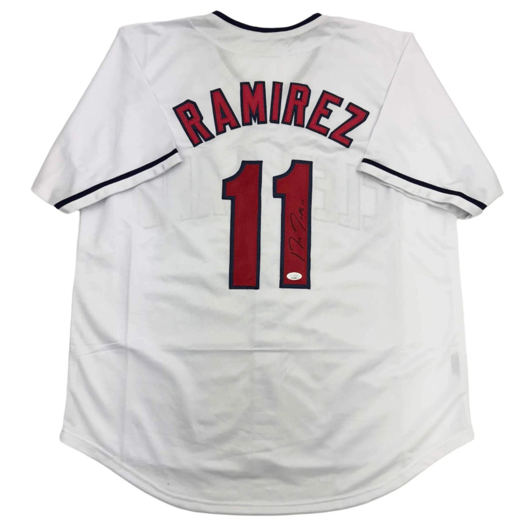 Autographed/Signed JOSE RAMIREZ Cleveland White Baseball Jersey Beckett BAS COA