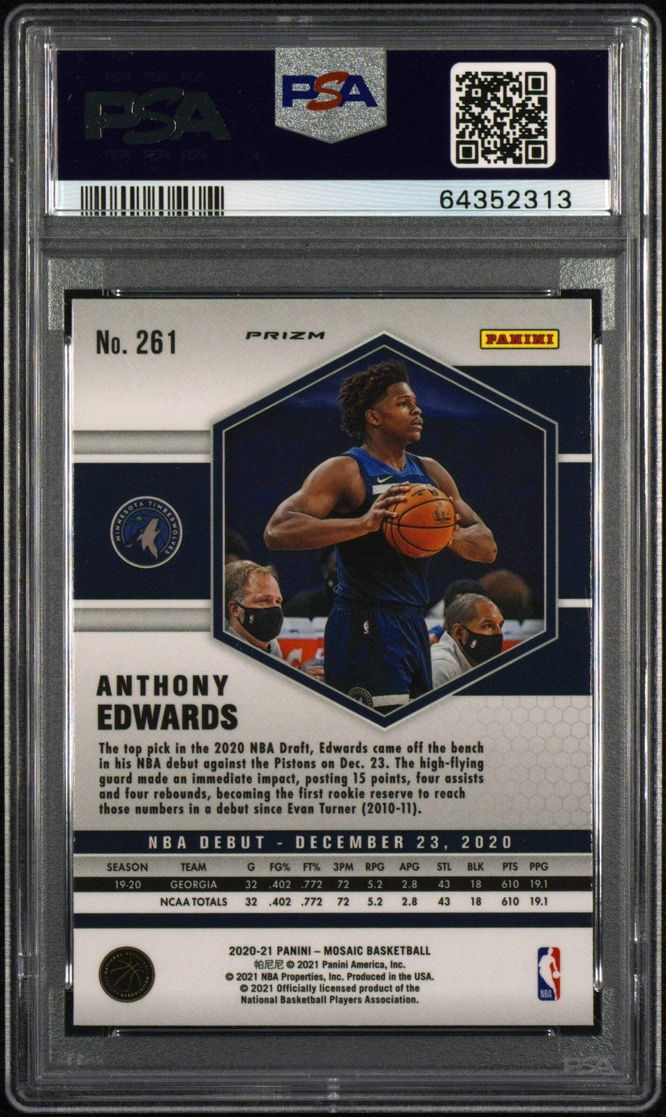 Graded 2020 Mosaic Anthony Edwards #261 Green Mosaic RC Basketball Card PSA 10