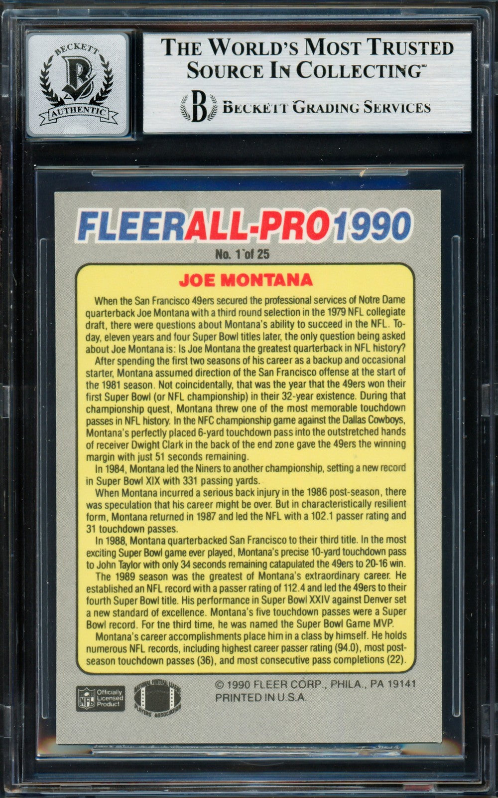 Joe Montana Signed 1990 Fleer All Pro Card 1 49ers Auto GM 10 Beckett