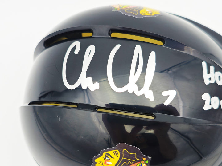 Chris Chelios Signed Chicago Blackhawks Black Mini Helmet "HOF 2013" Beckett Wit