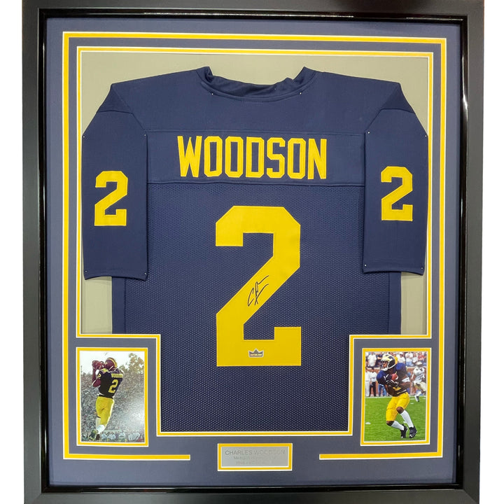 Framed Facsimile Autographed Charles Woodson 33x42 Michigan Reprint Laser Jersey