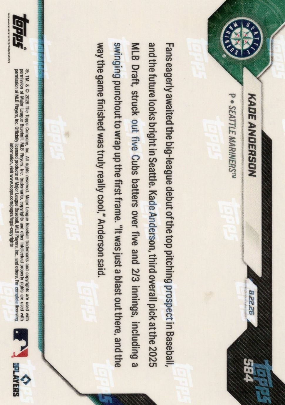 2026 Topps Now Kade Anderson #584 Gold Foil /50 Rookie RC Baseball Card