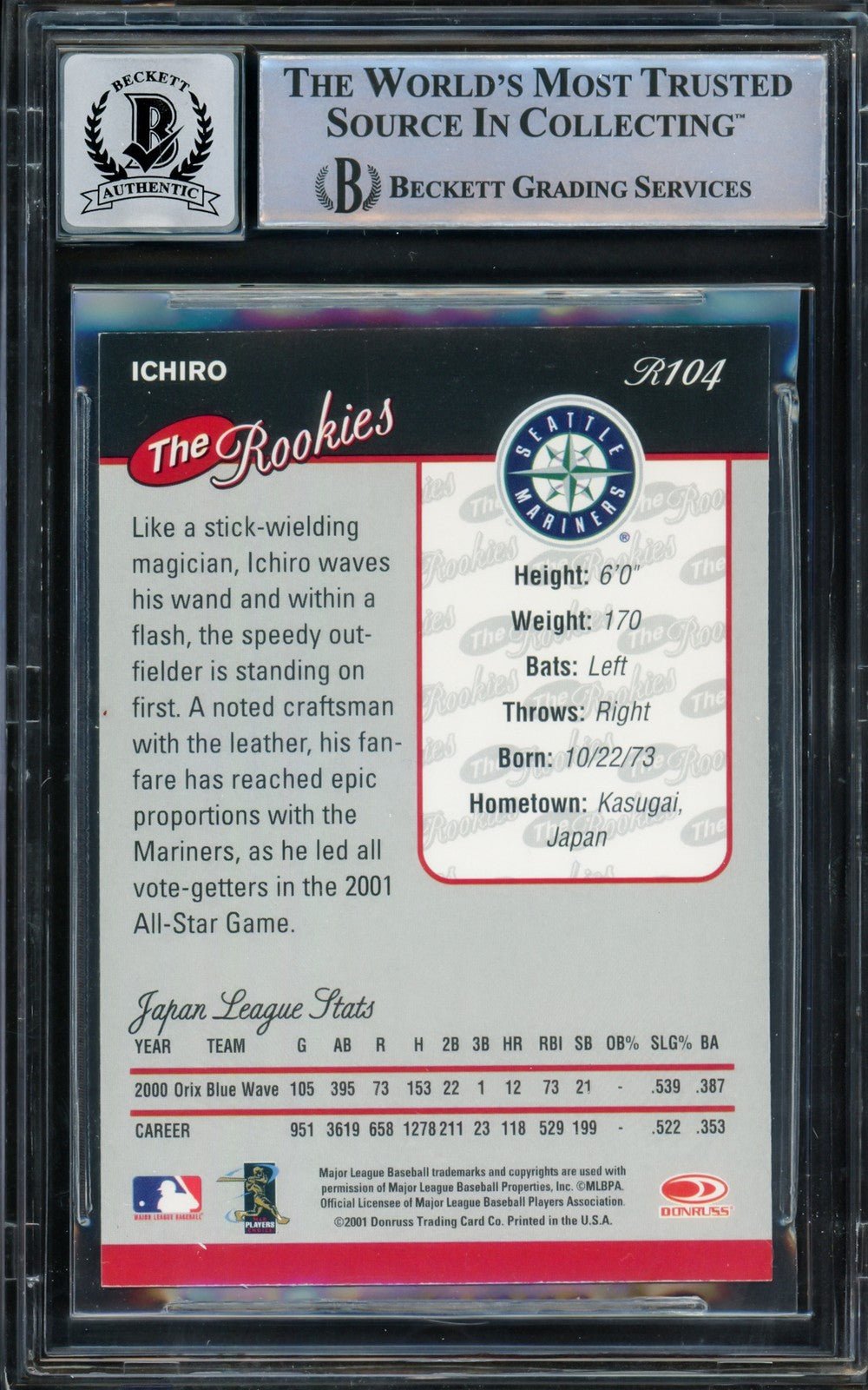 Ichiro Suzuki Signed 2001 Donruss Rookies RC R104 Mariners Auto 10 Beckett