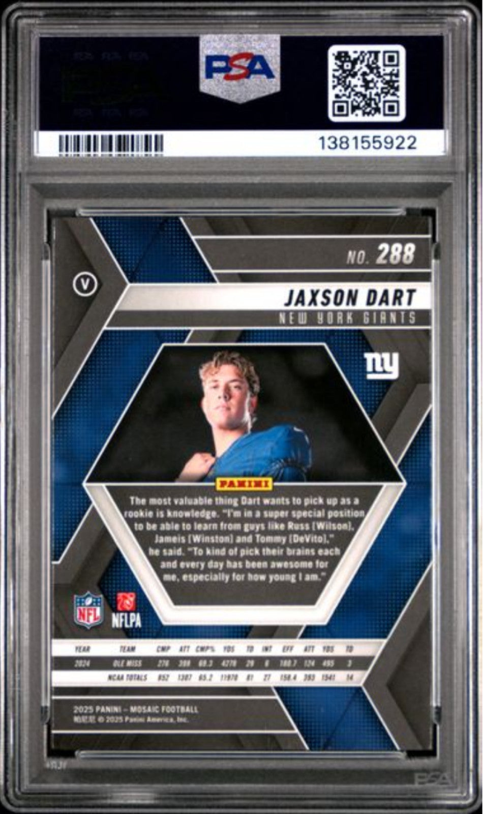 Graded 2025 Panini Mosaic Jaxson Dart #288 Rookie RC Card PSA 10 Gem Mint