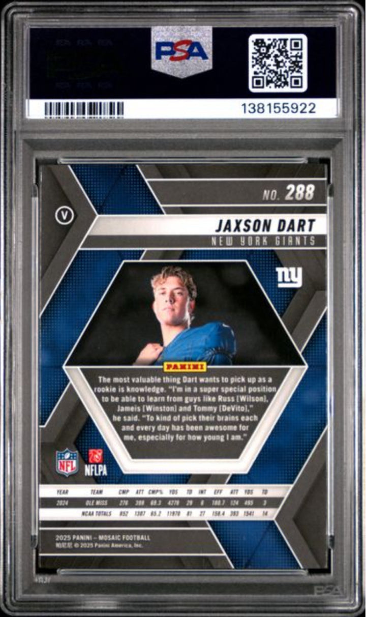 Graded 2025 Panini Mosaic Jaxson Dart #288 Rookie RC Card PSA 10 Gem Mint