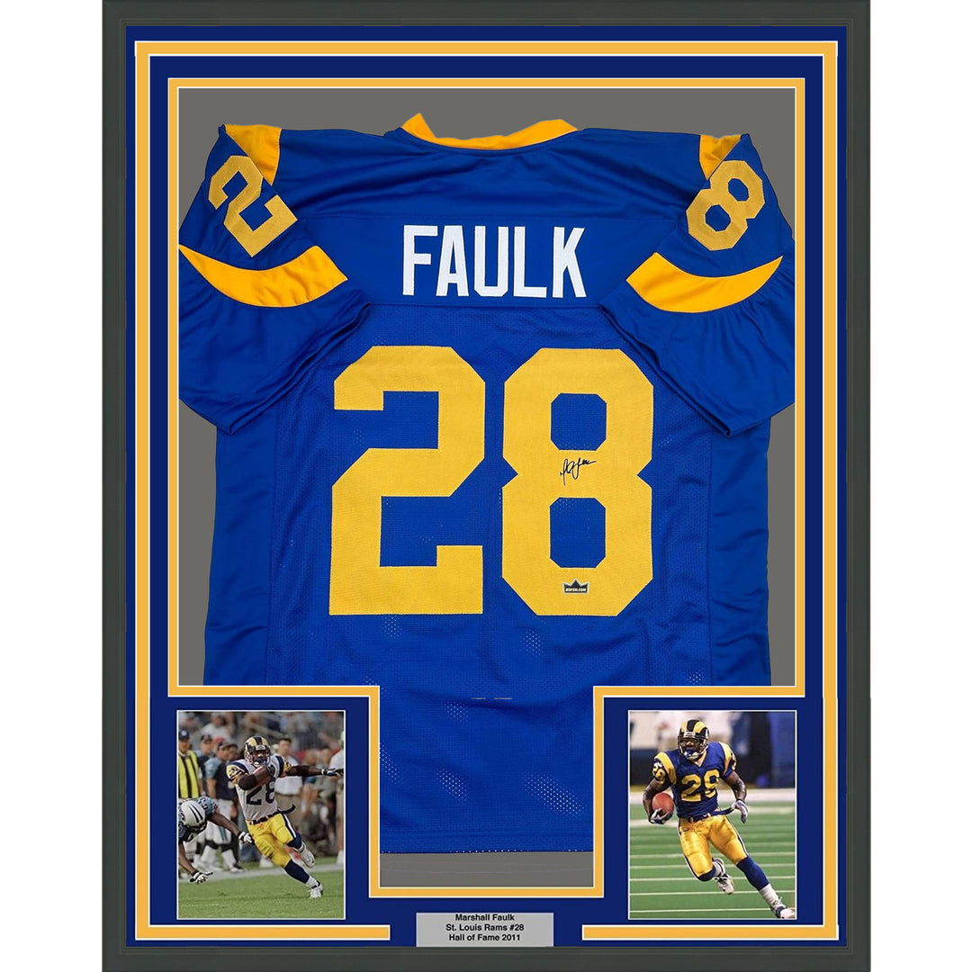 Framed Facsimile Autographed Marshall Faulk 35x39 St. Louis Blue Reprint Jersey