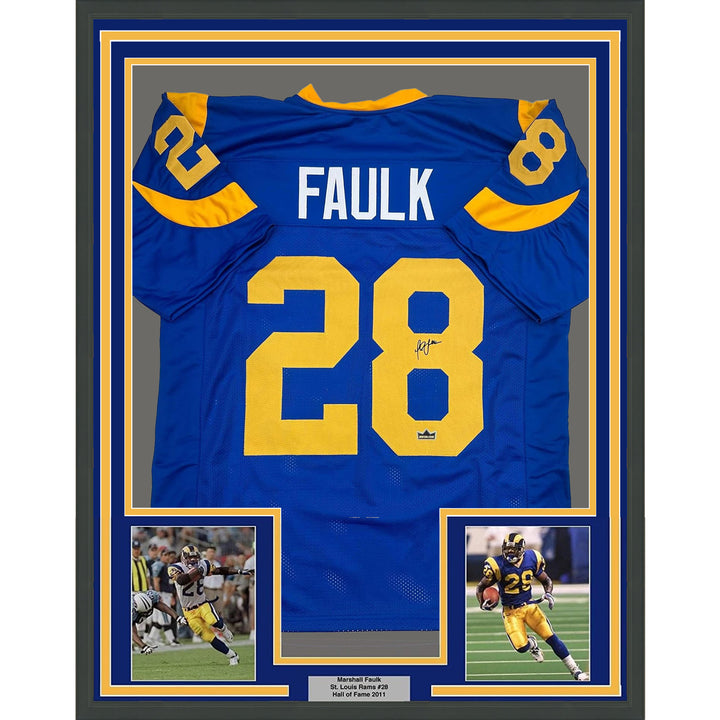 Framed Facsimile Autographed Marshall Faulk 35x39 St. Louis Blue Reprint Jersey