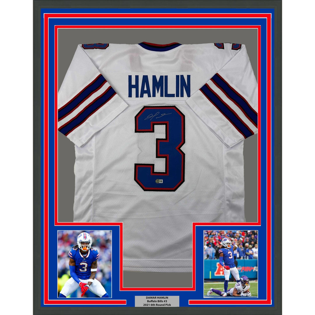 Framed Autographed/Signed Damar Hamlin 33x42 Buffalo White Jersey BAS COA