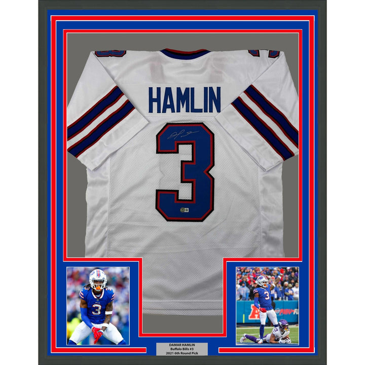 Framed Autographed/Signed Damar Hamlin 33x42 Buffalo White Jersey BAS COA